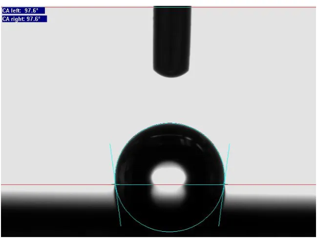 Figure 2. Static contact angle measurement of a water droplet on a PFDTS-coated silicon oxide surface