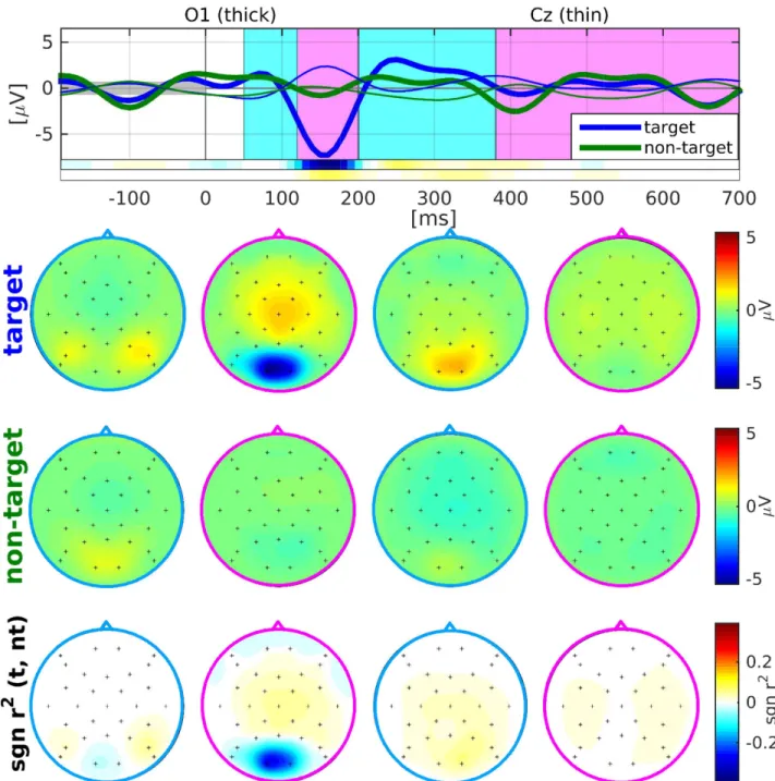 Fig 3. Grand average (N = 13) visual ERP response. Top row: Average responses evoked by visual target (blue) and non-target (green) stimuli in the occipital channel O1 (thick) and the central channel Cz (thin) during the online experiment