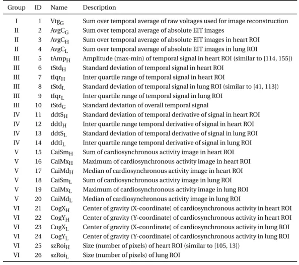 Table 8.1 – List of features extracted from EIT image sequences and used for SV estimation.