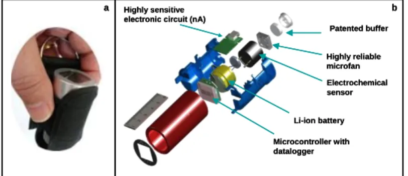 Figure 1: a) Photography of a sensor and b) schematic representation of its main components 