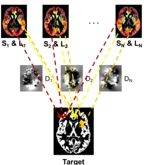 Figure 1.5: Multi atlas-based segmentation concept. Each individual atlas intensity image is registered to the target and each resulting deformation field is used to transform the corresponding label map to the target.
