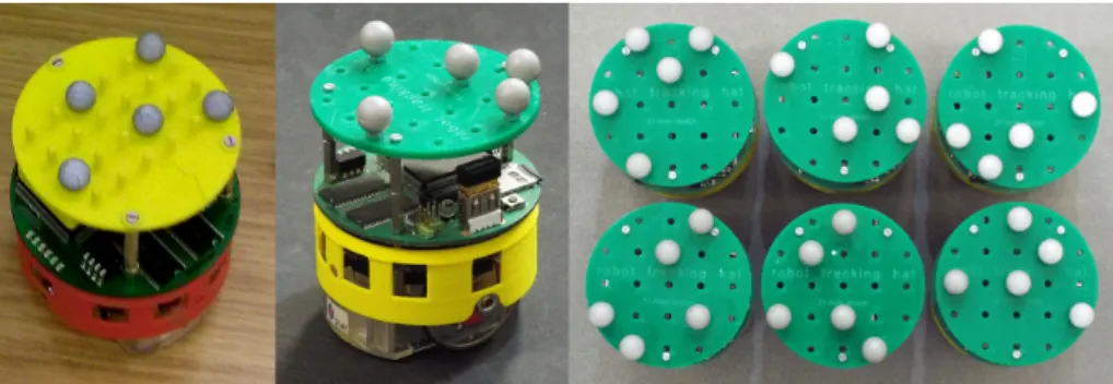 Fig. 3. Left: 3D-printed hat design with Vicon markers. Centre: Laser-cut hat design with OptiTrack markers