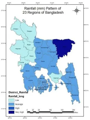 Figure 5: Long term rainfall over the twenty three regions of Bangladesh. 