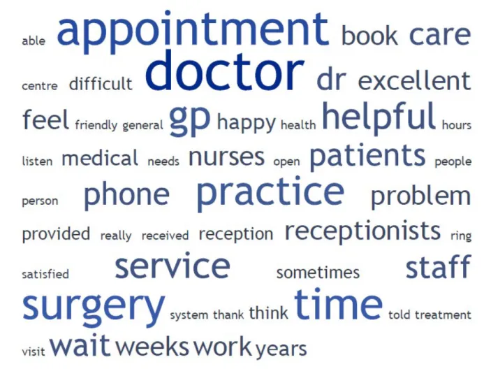 Figure 3 shows the results of the Voyant Tools distinctive words component when applied to comments categorized as originating from  satisfied  or  dissatisfied  patients