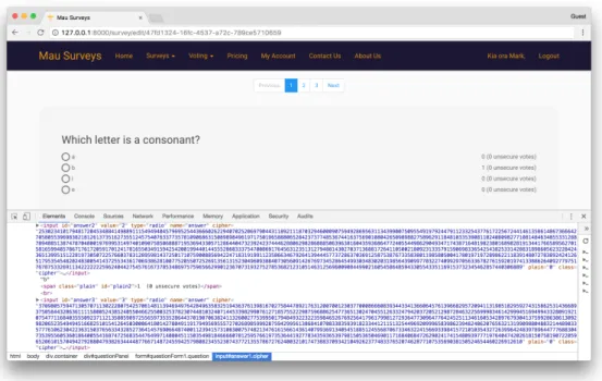 Figure 3.7: Example of how the cipher and plain-text results for a survey are presented to the user