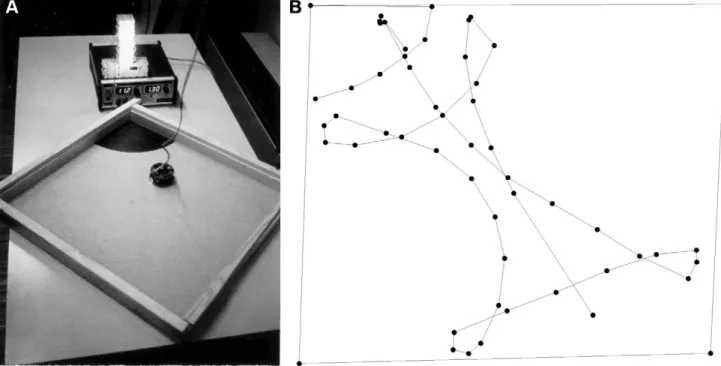 Figure 3. Evolution of homing. A) Experimental setup with a Khepera robot moving in the direction of the nest (recharging station), located in front of the light tower