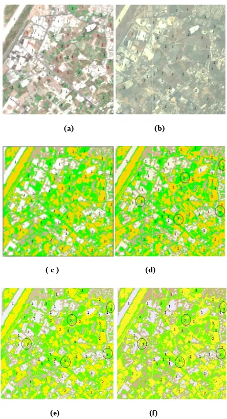 Figure 5. Selected samples (a) SPOT V image (b) QuickBird image () QuickBird image (c) segmented image by MO-GA + K-means (d) segmented image by random means (d) segmented image by random K-means (e) Segmented image by MO-GA + FCM  (f) segmented image by n