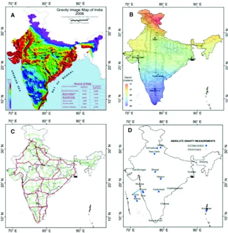 Fig. 1: (A) Bouguer gravity anomaly map of India :Gravity Map Series of India-2006; (B) Spatial distribution of GTS benchmarksin India (1905) (source: Wikipedia); (C) Status of high precision levelling (after Singh and Srivastava (2018)) and (D)Locations of established/proposed precise gravity reference stations in India using the absolute gravimeter