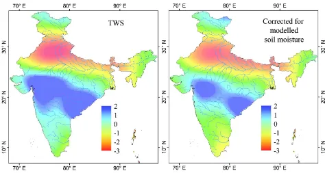 Fig. 3: Rate of change of Total Water Storage (TWS) in the Indian subcontinent (after Tiwari et al., 2009b)
