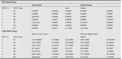 Table 6. CRS Model Slacks and Model Target for 2008 