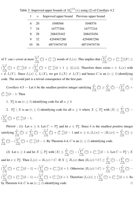Table 3: Improved upper bounds of M( ≤l )2( n ) using (2) of Corollary 4.2