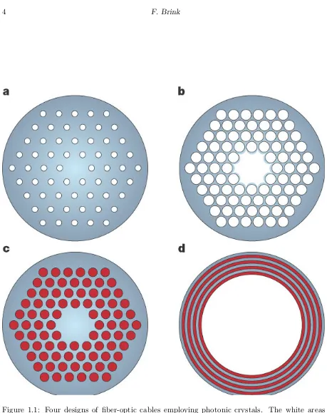 Figure 1.1: Four designs of ﬁber-optic cables employing photonic crystals.The white areasrepresent air, the blue areas represent silica and the red areas represent an unspeciﬁed high-index material
