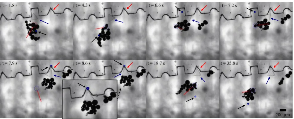 Fig. 16. Microassembly of a triangular microobject to a micro-structure using a cluster of micro particles at various time (t)indicates the reference position