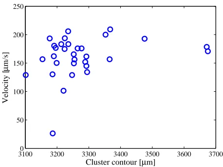 Fig. 10. Relation between the contour and the velocity of a cluster of microparticles