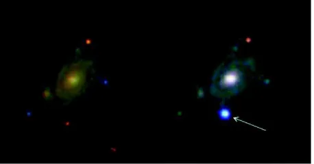 Fig. 3.4: A star in a distant galaxy explodes as a supernova:While observing a galaxy known as UGC 9379 (left;image from the Sloan Digital Sky Survey; SDSS)located about 360 million light-years away fromEarth, the team discovered a new source of brightblue