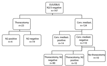 Figure 1.    Flow chart of patients with suspected locally advanced lung cancer, after  tumor negative mediastinal endosonography, n = 147 pts