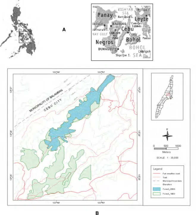 Figure 1. The study area. A. Location of Cebu Island in the Philippines. B. Location of  Mount Tabunan in Central Cebu, showing the reduction of forest cover from 1993  (NAMRIA) to 2000 (DENR-Region VII)