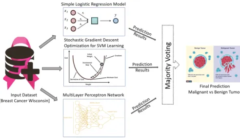 Figure 1. An ensemble method based on majority-based voting mechanism for breast cancer tumor classification using different machine learning models.