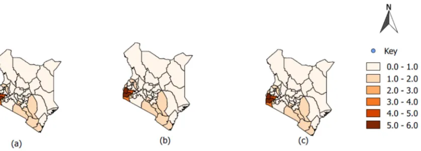 Figure 1. HIV relative risk map (a) and the corresponding 95% lower (b) and upper (c) credible limits maps, respectively, produced by model 8