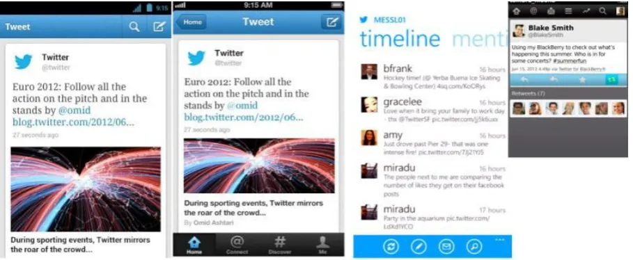 Figure 3: The Twitter app on Android, iOS, WP7, and BlackBerry (from left to right) 
