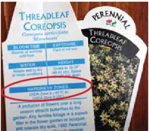 Figure 6.—Example of a plant tag,  which includes hardiness zone along  with other plant characteristics.
