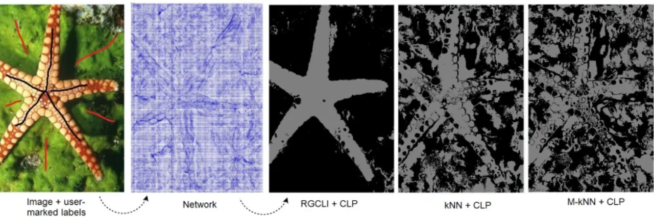 Fig. 5. Image segmentation process and the result of apply GBILI, kNN and M-kNN network construction.