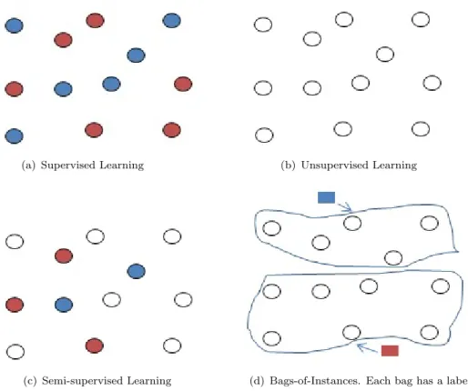 Figure 1.1: Data settings for four Learning Paradigms. (a) Supervised Learning: all instances are labelled