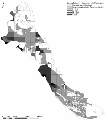 Fig. 3 Spatial compartment distribution of oak increment decline degrees in the Management Unit »Me|ustrugovi« in the period 1998–2007