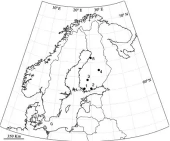 Figure 1. Pollen sampling sites: 1. Turku, 2. Helsinki, 3.