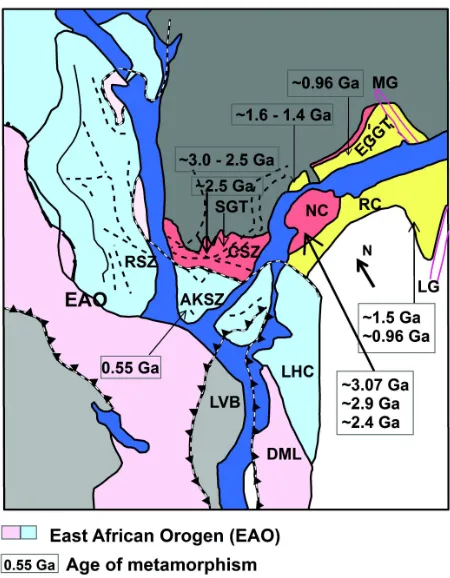 Fig. 2: A schematic of correlation of SGT and EGGT withGrenvillean age and Pan-African mobile belts in E.Gondwana (modified after Collins and Windley,2002)
