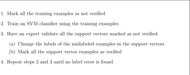 Table 3.1: Algorithm to verify the hypothesis that the label noise examples are captured in the support vectors.