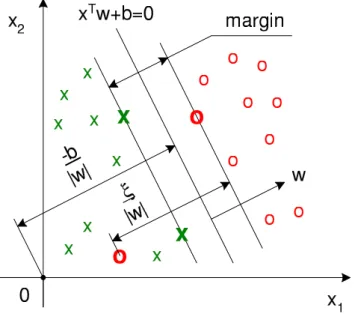 Figure 1.3: The separating hyperplane x ⊤ w + b = 0 and the margin in a non- non-separable case.