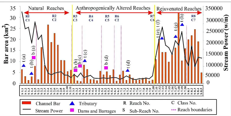 Fig. 2: Three major process domains of the alluvial reach of the Yamuna River with their characteristic stream powerdistribution patterns