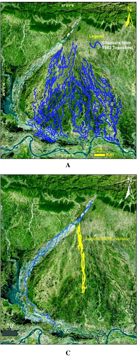 Fig. 3: (A) The Kosi megafan with braided channel of themain Kosi River on its western part and number ofmeandering channels on the main megafan surface.The meandering channels, which represent differentpalaeochannels of the main Kosi River are drawnfrom 1983 Survey of India toposheet, (B) Intersection