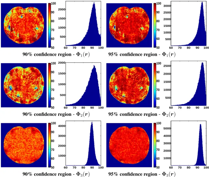 Figure 2.5: The coverage rates evaluated for the three classes of spatial confidence regions presented in Table 2.1, displayed in the form of heatmap and histogram