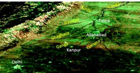 Fig. 1: RISAT-1 SAR data mosaic (Color composite RGB:HV,HH,HH) draped over SRTM digital elevation datashowing major river flowing from Himalaya in partsof Gangetic plain