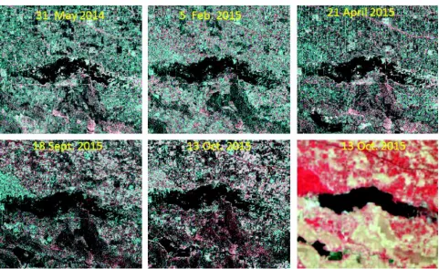 Fig. 2: Multi temporal RISAT-1 SAR data in HH and HV mode (Color composite RGB: HV,HH,HH) and Resourcesat-2 AWiFSdata (Color composite: RGB:NIR, Red, Green) showing parts of Ghaggar river tributary near Suratgarh, Rajasthan,India
