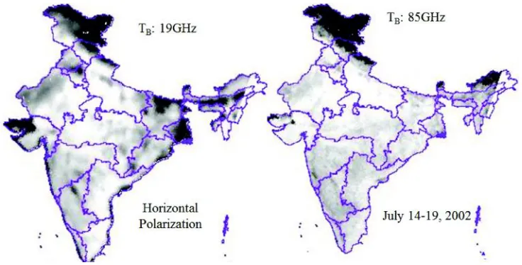 Fig 3: Brightness temperature observed at 19 GHz and 85 GHz over India using passive microwave radiometer (DMSP-SSM/I) during July 2002