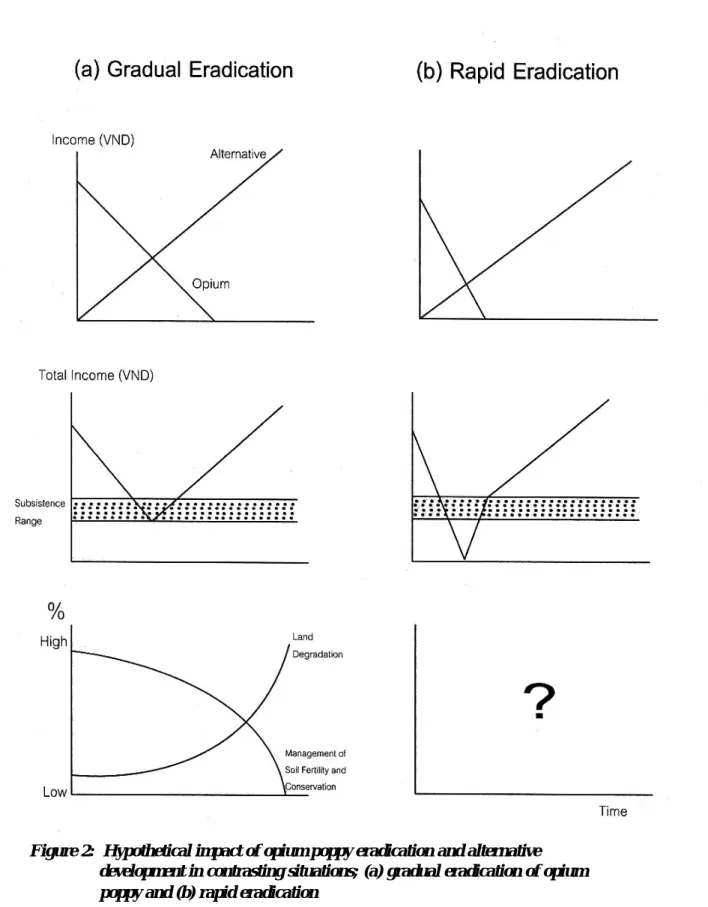 Figure 2:  Hypothetical impact of opium poppy eradication and alternative       development in contrasting situations; (a) gradual eradication of opium       poppy and (b) rapid eradication   