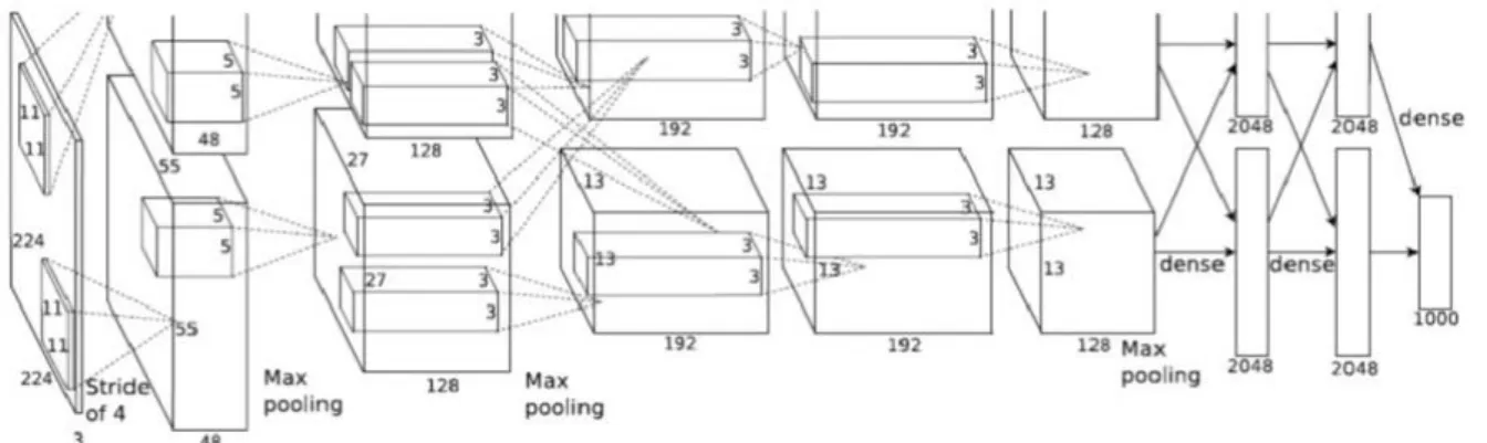 Figure 5 Visualization of the AlexNet network (Alex Krizhevsky, Ilya Sutskever and Geoffrey E Hinton,  2017)  