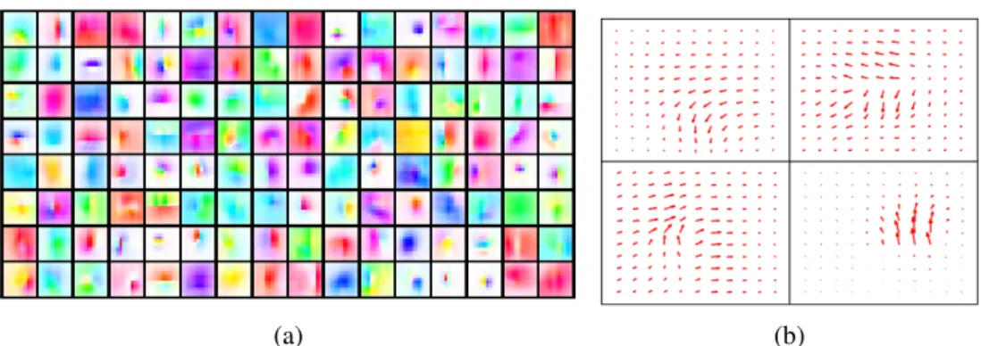 Figure 4: Learnt deconvolutional filters of Conv-WTA trained on the UCSD Ped1 and Ped2 optical flow foreground patches: (a) visualisation of 128 filters, where flow-vector angle and magnitude is represented by hue and saturation [3] of 128 filters and (b) 