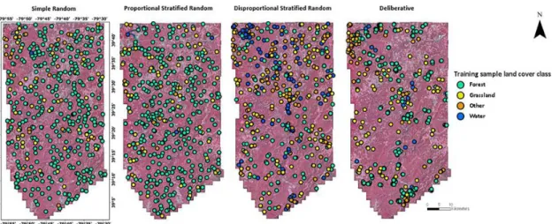 Figure 4 - The small regional training samples displayed over false color infrared composite of NAIP orthoimagery  (Bands 4, 1, and 2 as RGB)