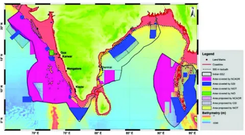 Fig. 16: Map showing the areas of coverage and priority area for EEZ surveys by NCAOR and other institutions