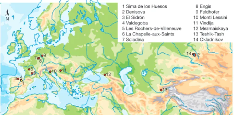 Figure 1  |  Location of the Middle Pleistocene site of Sima de los  Huesos (yellow) as well as Late Pleistocene sites that have yielded  Neanderthal DNA (red) and Denisovan DNA (blue).