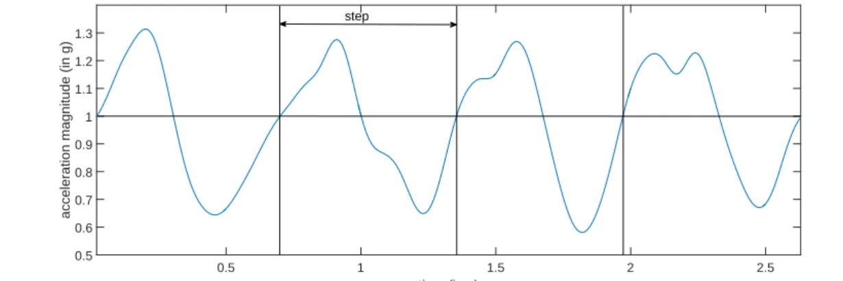 Figure 3. Example of the measured acceleration magnitude | a | with the boundaries for each step.