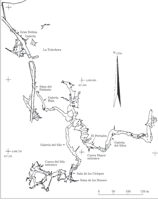 Figure 2. Plan of the Sierra de Atapuerca cave systems (by G. E. Edelweiss).