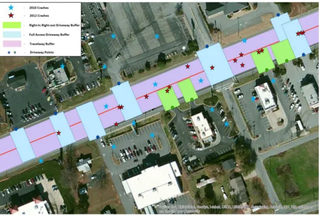 Figure 5: Driveway Influence Buffers Overlayed with 2010 and 2012 Crashes (image from Google  Maps) 