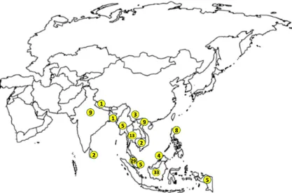 Fig. 1. Spatial distribution of 72 different wild species of geneus Mangifera in Asia