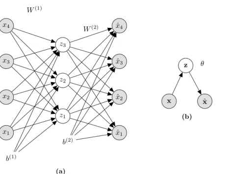 Figure 2.5: (a) A graphical representation of a densely connected auto-encoder with one hidden layer