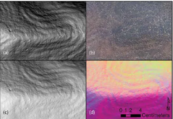 Figure 10. Geometric petroglyph; (a) raking light taken with flash at night; (b) depicted with  false color from principal component analysis of sixteen different shaded models; (c) slope  differences; (d) daylight photograph (photos and processing by a